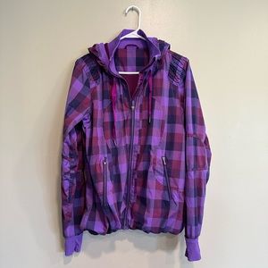 Lululemon Plaid Print Purple Full Zip Jacket With Hoodie and Pockets Size 8
